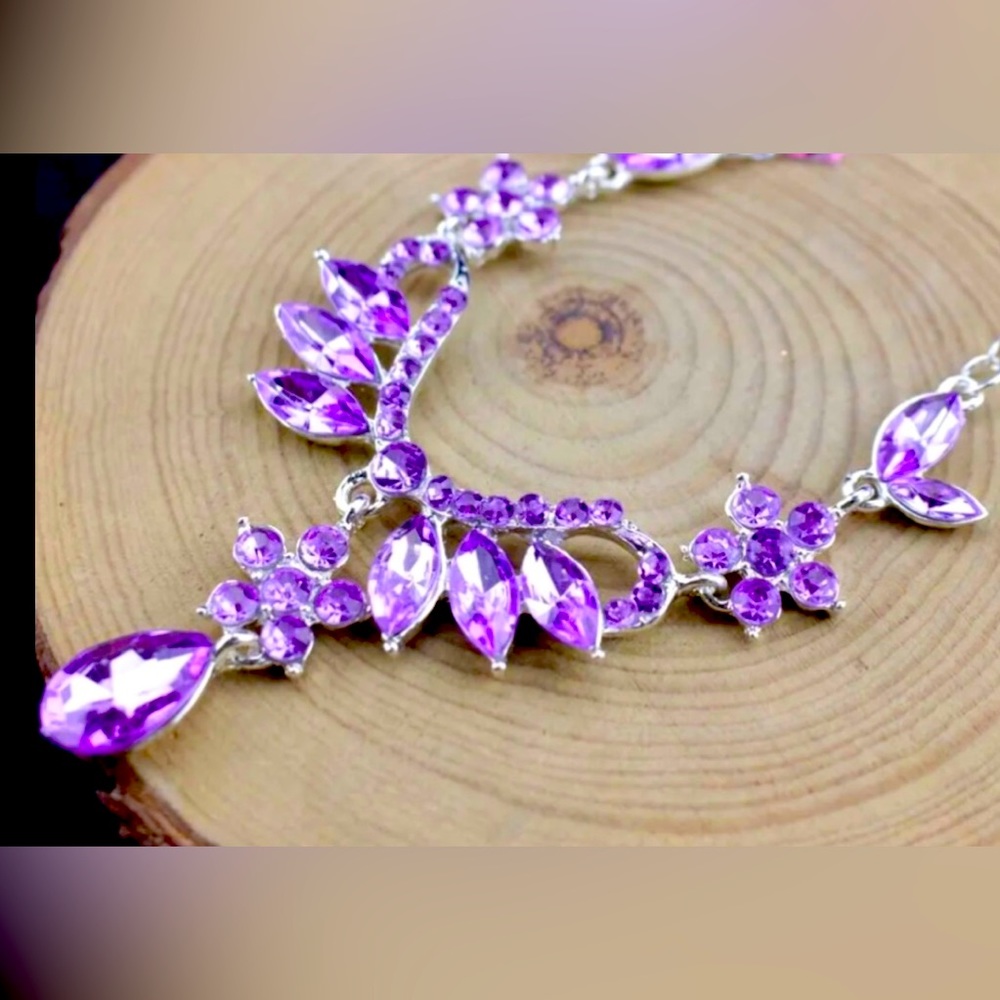 Purple & Silver Rhinestone Teardrop Necklace Earring Set - Picture 2 of 4